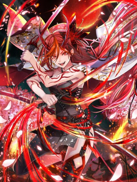 記事画像6: 炎を纏い、剣を振るう紅い角を持つ女性キャラクターのイラスト