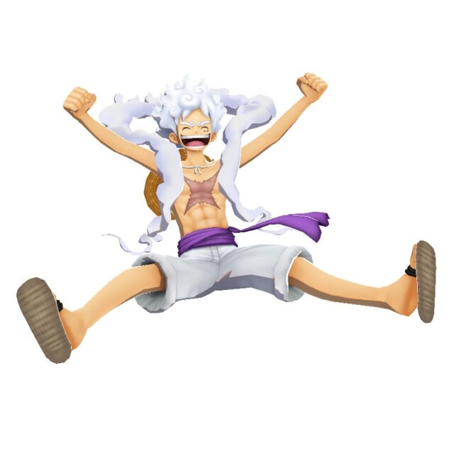 記事画像2: アニメ「ONE PIECE」のルフィがギア5に変身した姿でジャンプしている。