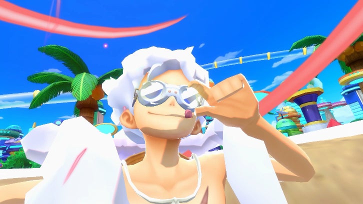 記事画像3: サングラスをかけたキャラクターが、海辺の風景を背景にポーズをとっている。