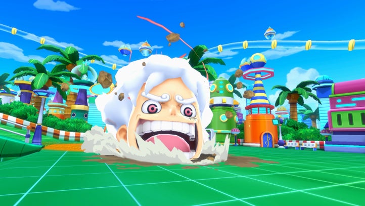 記事画像5: モンキー・D・ルフィの巨大な顔が地面から飛び出している、ワンピースのゲームシーン。