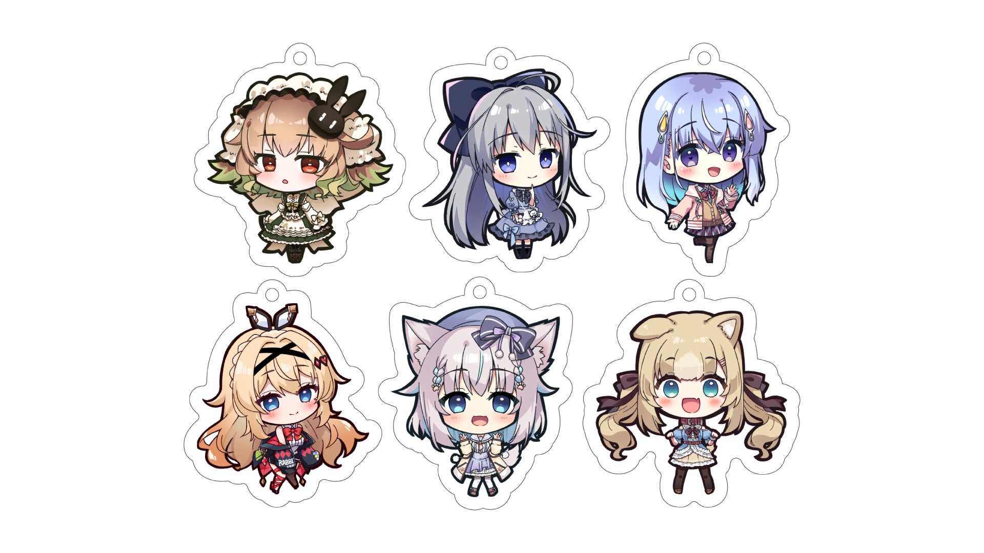記事画像5: 6人のアニメ風キャラクターのキーホルダーセット。それぞれ異なる衣装と髪色。