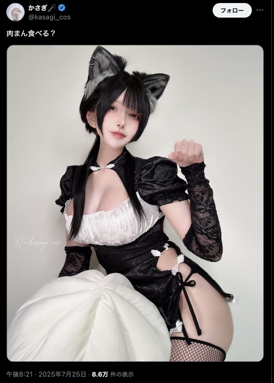 猫耳チャイナドレスが可愛すぎる！　かさぎ、大きすぎる肉まんと一緒にキュートな写真を公開