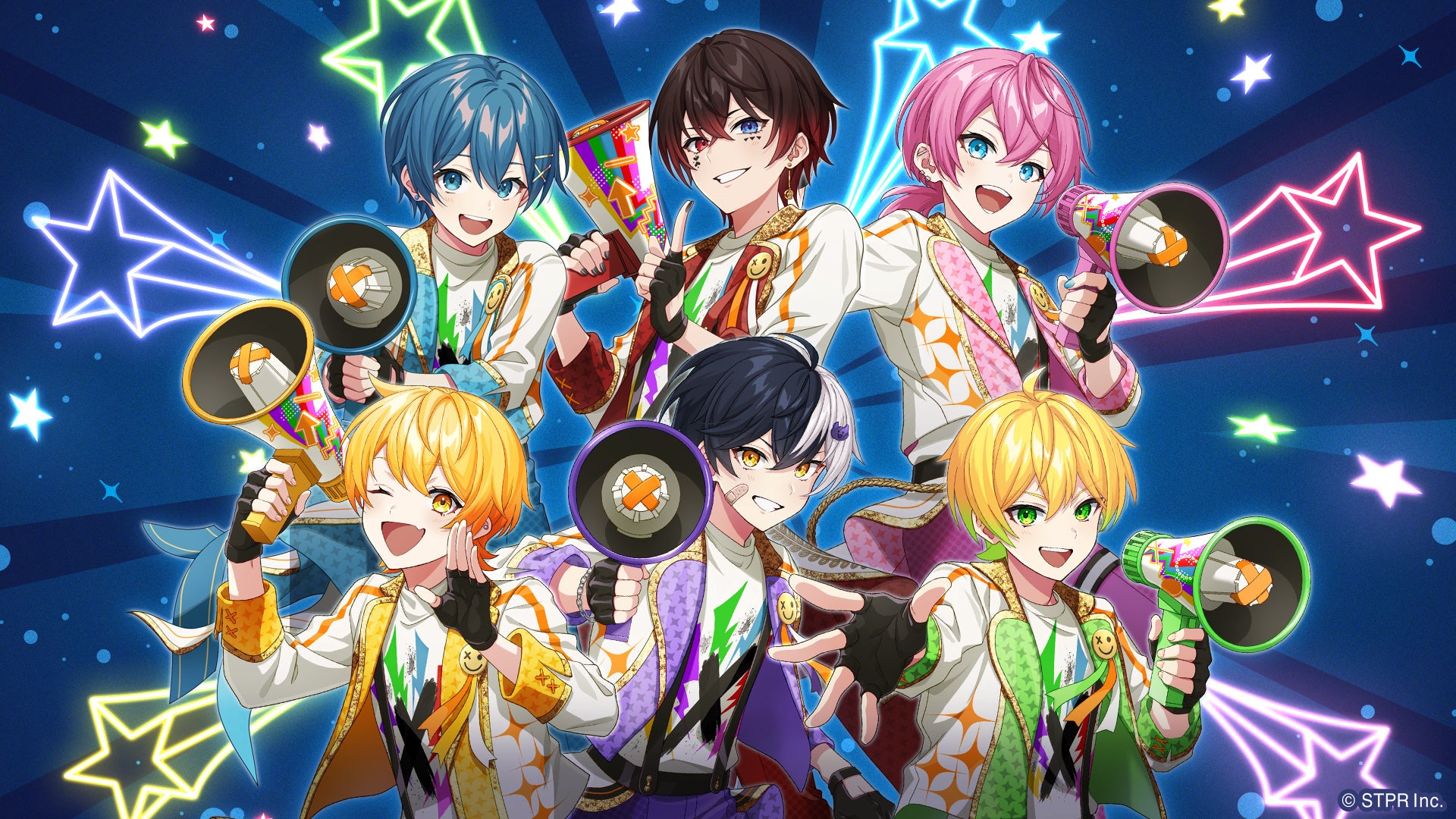 記事画像6: 6人のアニメ風男性キャラクターがメガホンを持ってポーズをとっている。