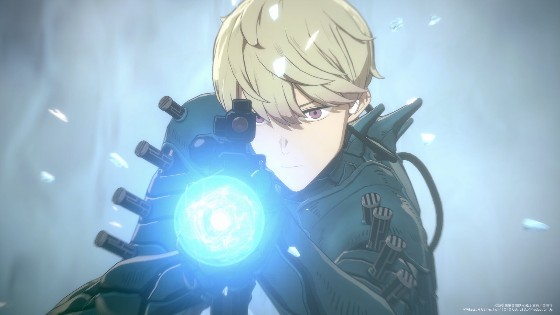 記事画像10: アニメ風のキャラクターが銃を構え、青いエネルギー弾を発射している。