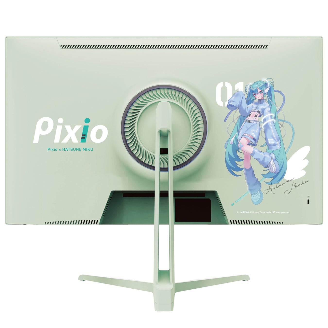 記事画像2: 初音ミクとPixioのコラボレーションモニター。ミントグリーンの筐体にミクのイラスト。