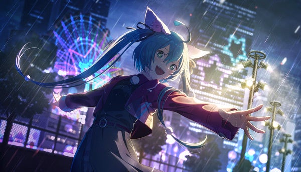記事画像4: 雨の中、ネオン輝く街で楽しそうに手を広げるキャラクター