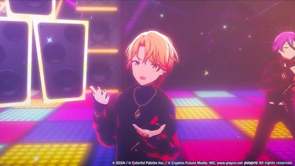 記事画像8: ライブステージで歌う男性キャラクター2名。ネオンカラーの照明。