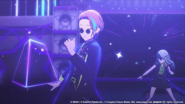 記事画像12: サイバーパンク風のステージで、サングラスをかけた男性キャラクターと女性キャラクターがパフォーマンスしている。