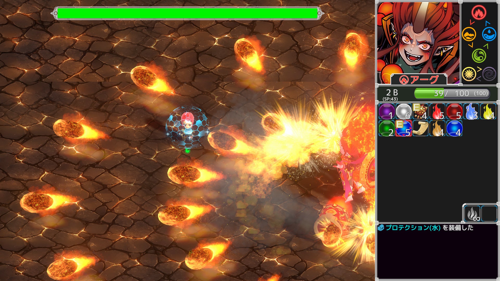 記事画像9: 炎の弾が飛び交う中、キャラクターが魔法で攻撃しているゲーム画面。