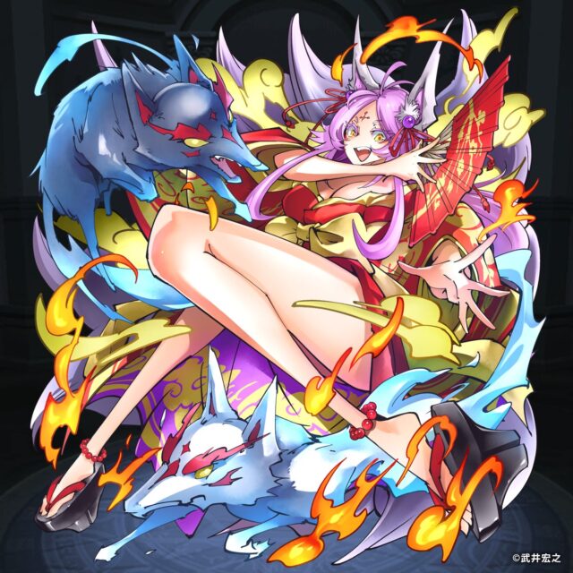 記事画像2: 狐耳の女性キャラと二匹の狐が炎を纏う、和風ファンタジー風イラスト。
