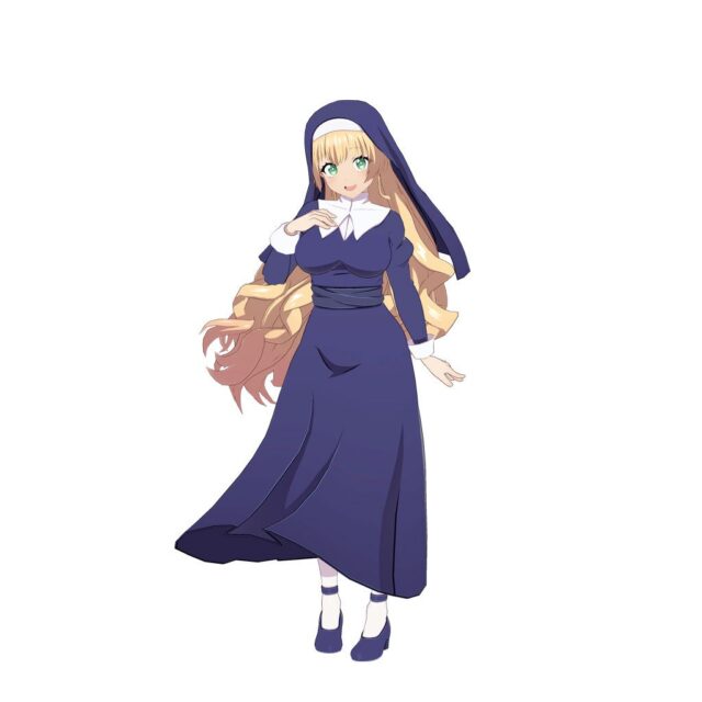 記事画像2: 紺色の修道服を着た金髪美女のイラスト。