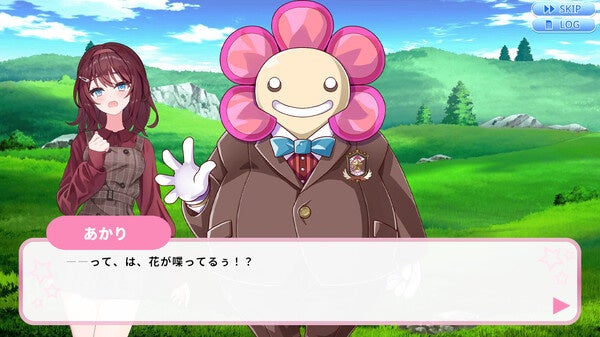 記事画像2: アニメ風のキャラクターが登場するゲーム画面。花のような被り物のキャラと少女。