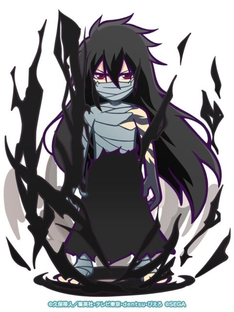 記事画像7: 黒いエフェクトに包まれた、顔に包帯を巻いたアニメキャラクター。