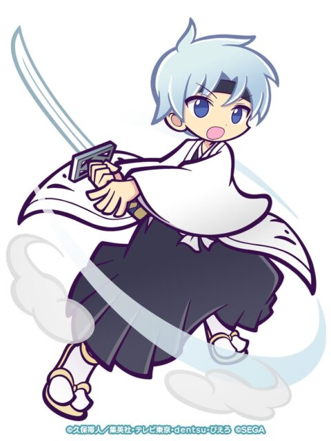 記事画像17: 刀を持つ青髪のキャラクターが、白と黒の衣装で躍動するアニメ風イラスト