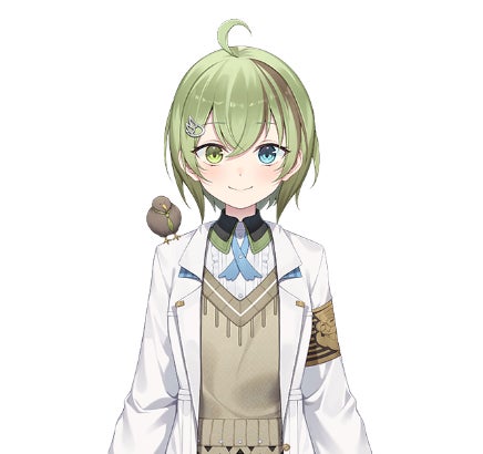 記事画像3: 白衣を着た緑髪のキャラクター。左目に緑、右目に青の瞳。肩に鳥がいる。