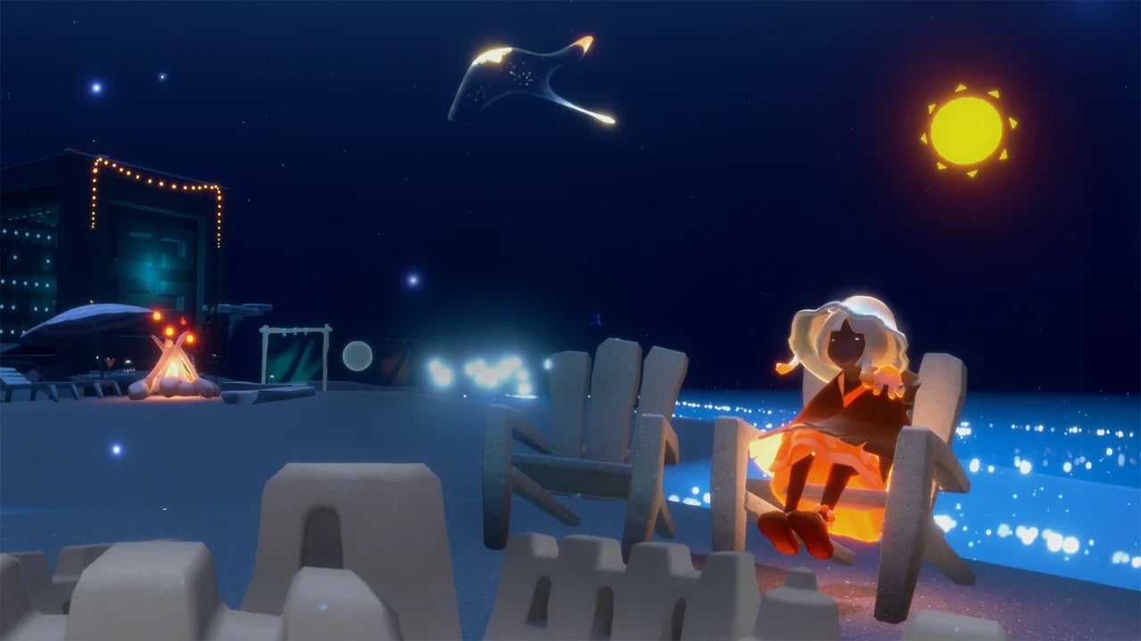 記事画像3: 夜のビーチで焚き火と海を眺めるキャラクター