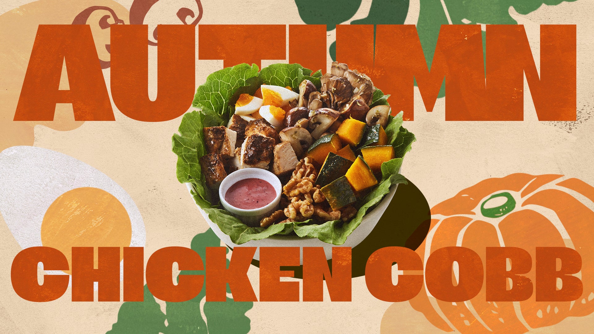 記事画像2: 秋のチキンコブサラダの鮮やかな画像。文字「AUTUMN CHICKEN COBB」が大きく表示されています。