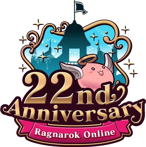 記事画像3: ラグナロクオンライン22周年記念ロゴ。天使のPoringと城が描かれている。