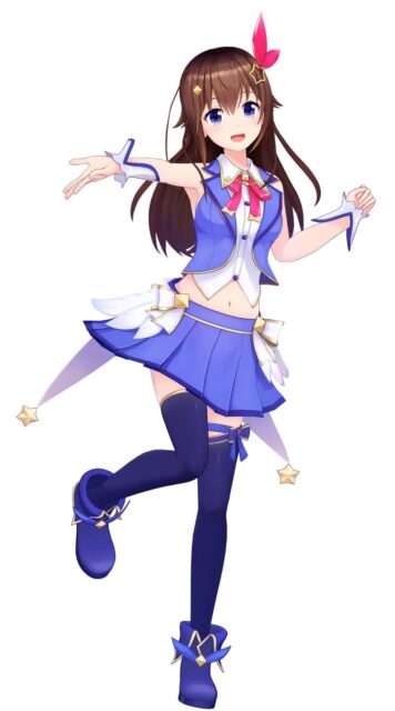 記事画像4: 青い制服を着たアニメ風の女性キャラクターの全身イラスト。
