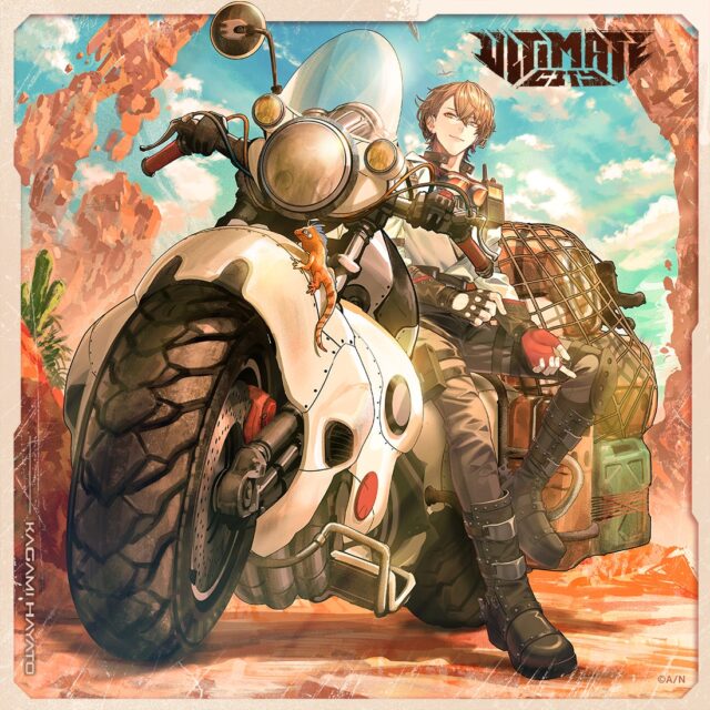 記事画像3: 砂漠のバイクにまたがる少年とトカゲのイラスト