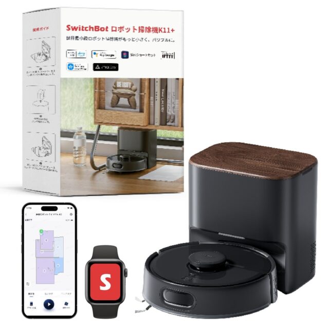 記事画像2: SwitchBotロボット掃除機K11+の製品画像とアプリ、スマートウォッチの表示。