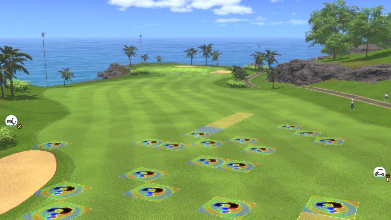 記事画像14: 海沿いのゴルフコースの3Dグラフィック。手前には的、奥には海とヤシの木。