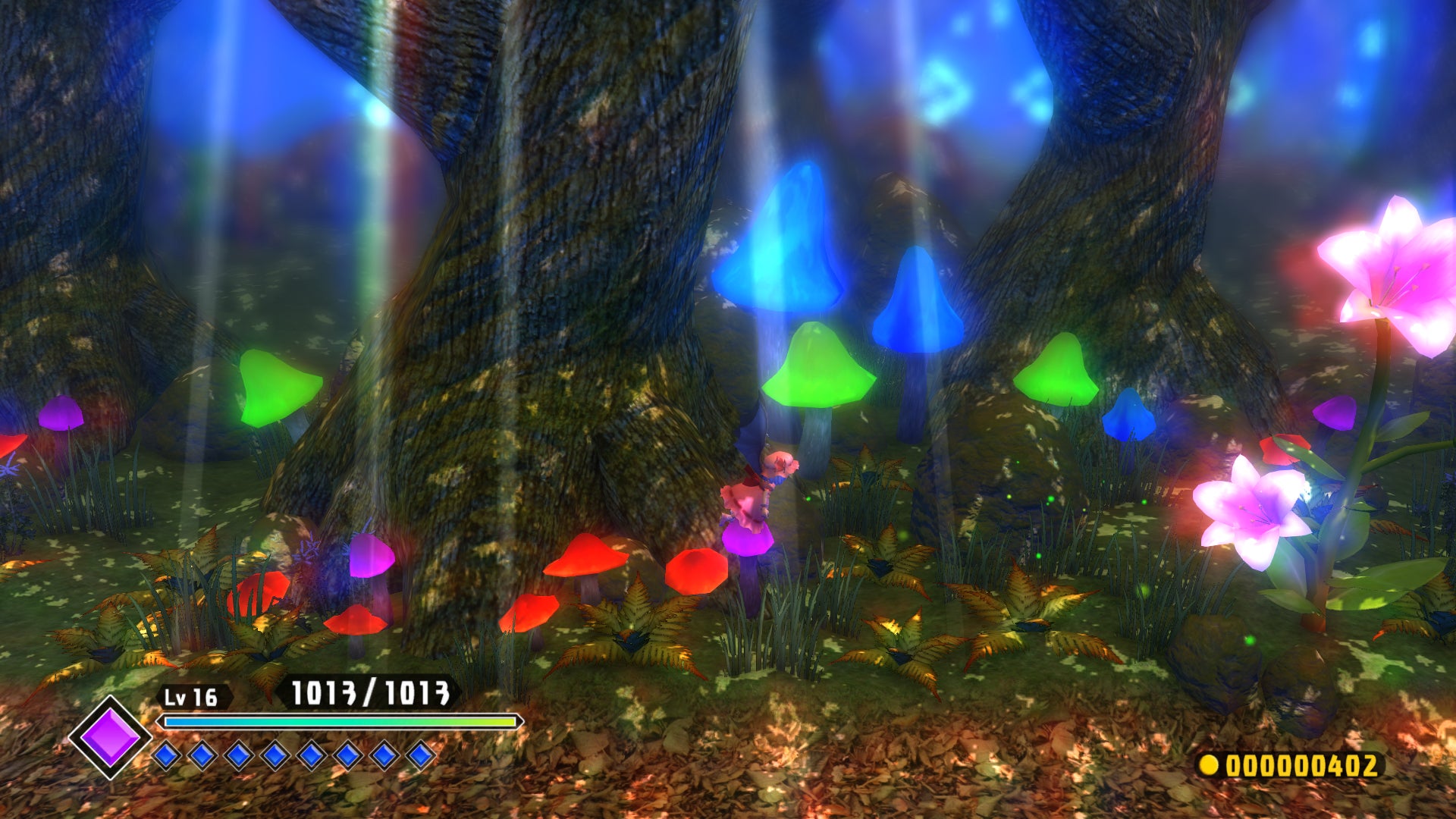 3ページの写真:菌類と花のある素敵な森。画面ゲームのUIが反映されています。