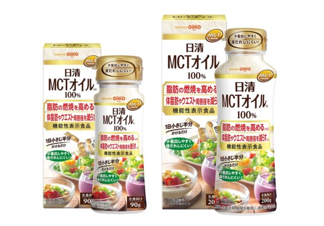 日清MCTオイルの製品パッケージと、ヨーグルトやサラダにかけた使用イメージ