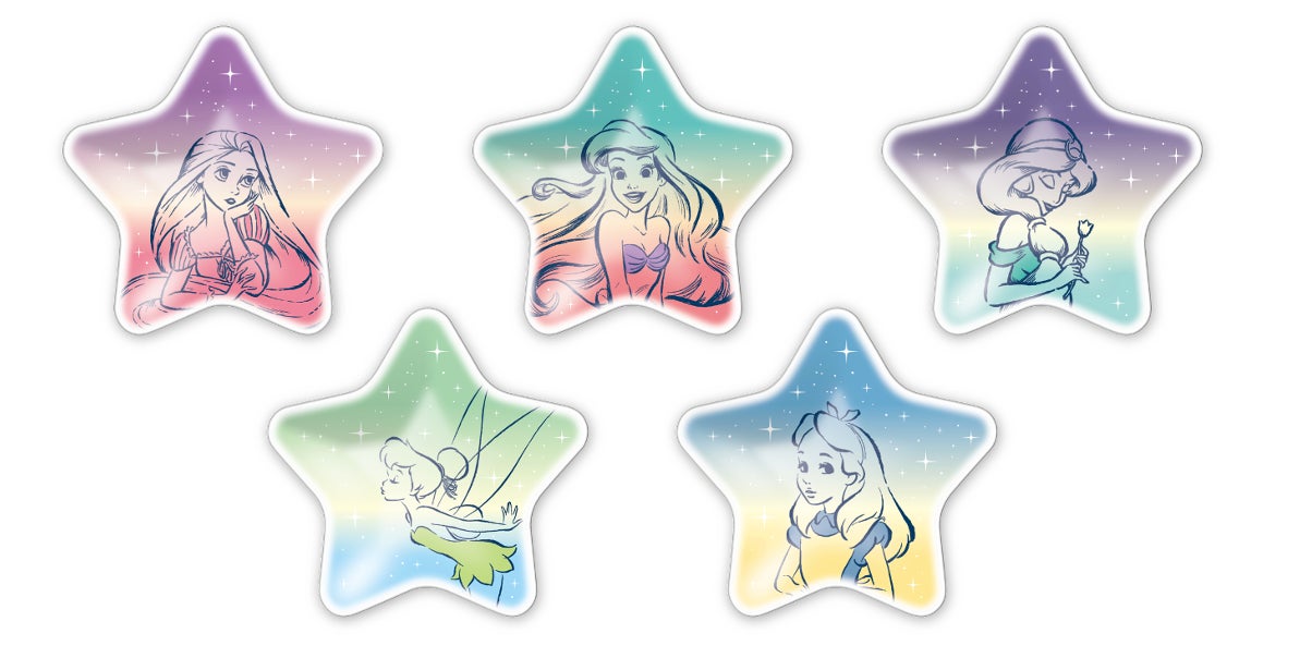 星形に描かれたディズニーキャラクターのイラスト集。ラプンツェル、アリエル、ジャスミン、ティンカーベル、アリス。