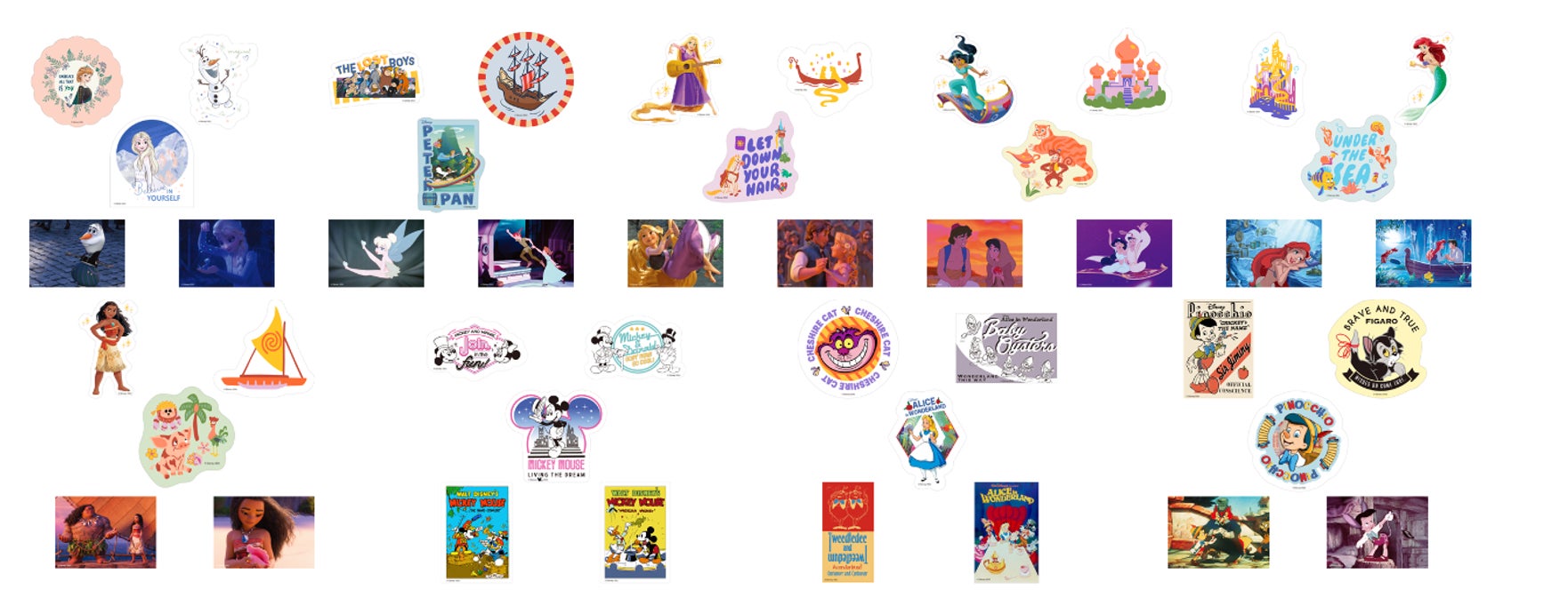 様々なディズニーキャラクターのイラストや映画のワンシーンを集めた画像