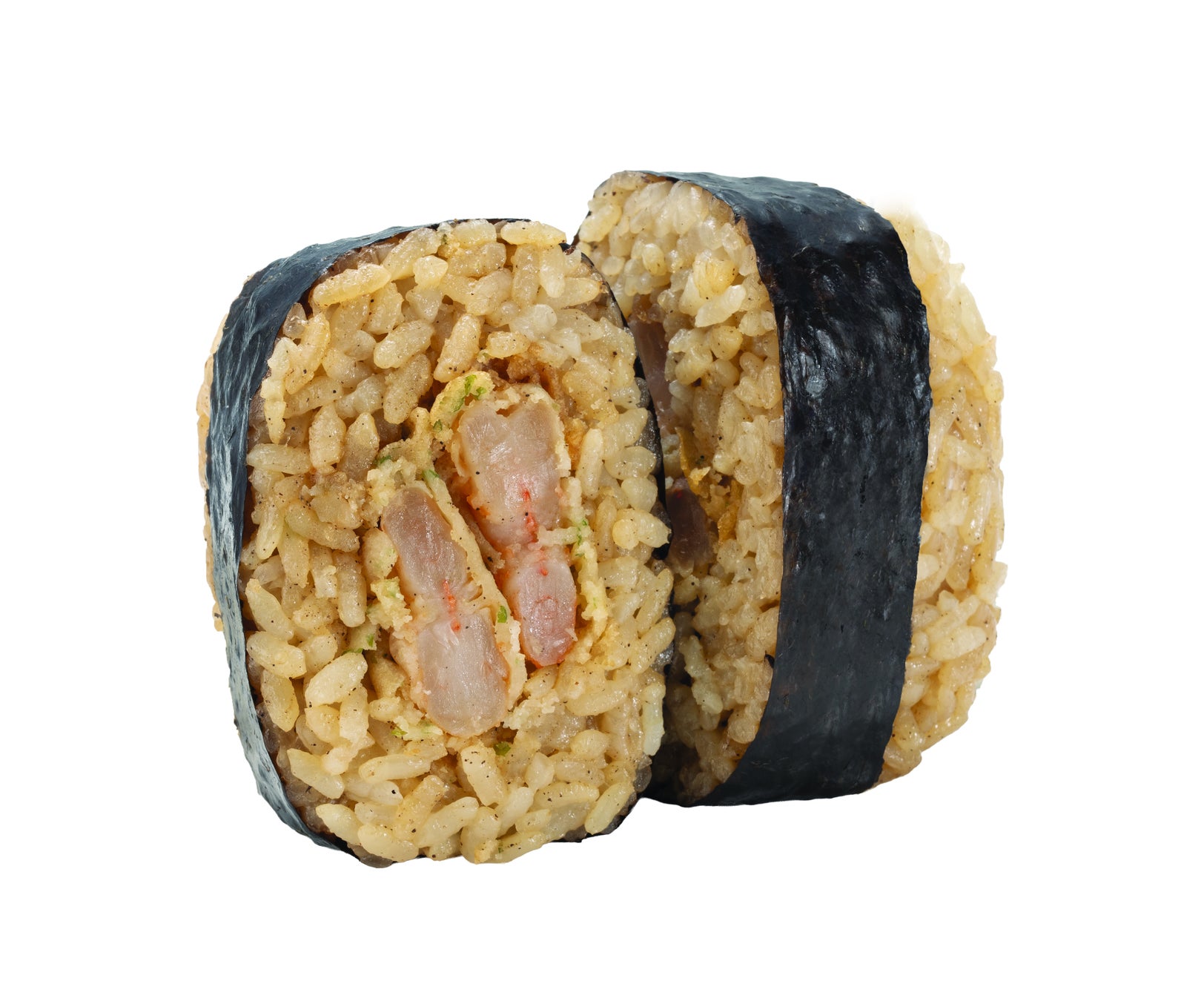 海苔で巻かれた、具材入りの焼きおにぎりの断面