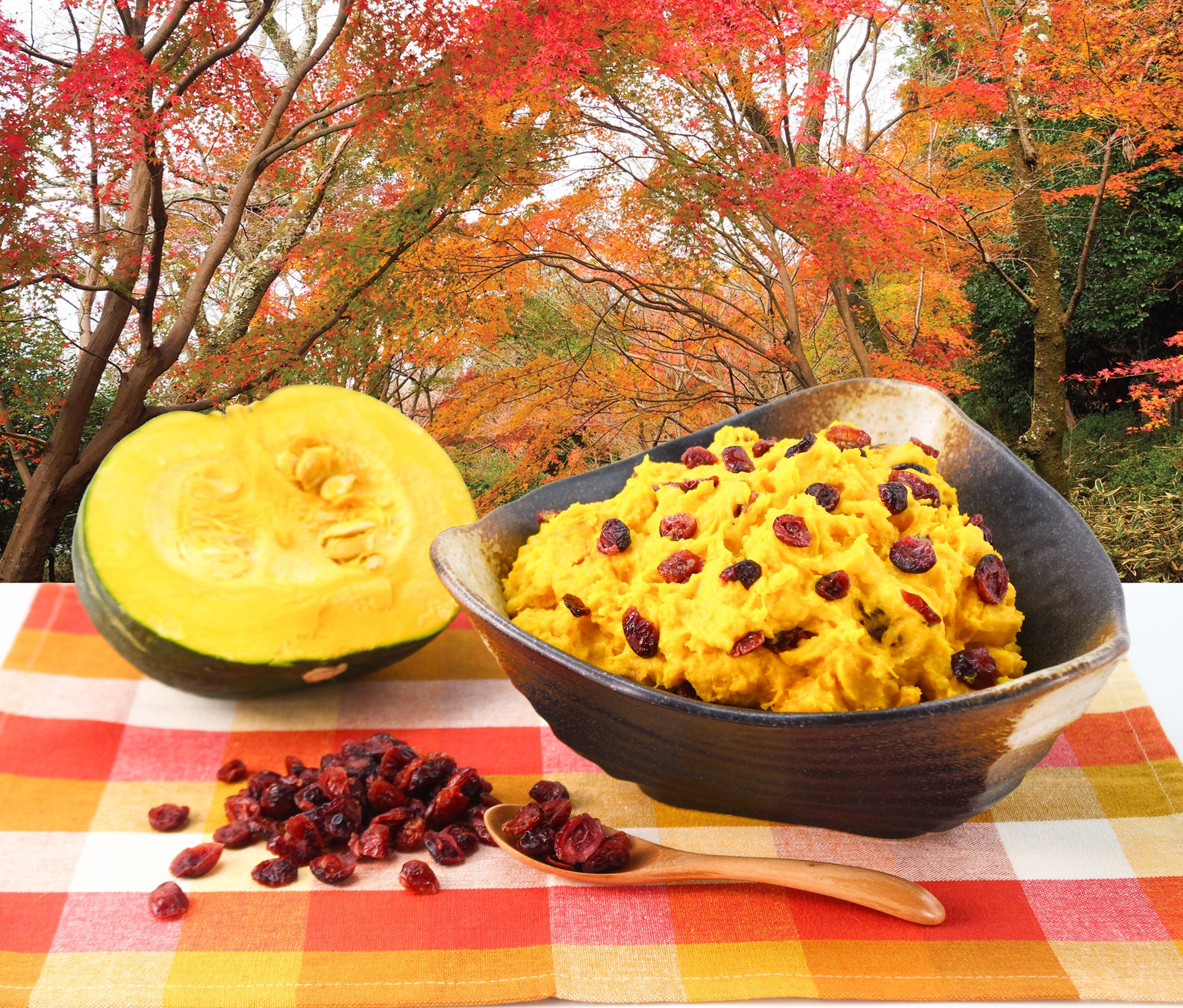 かぼちゃサラダとカボチャ、クランベリー、紅葉の背景。