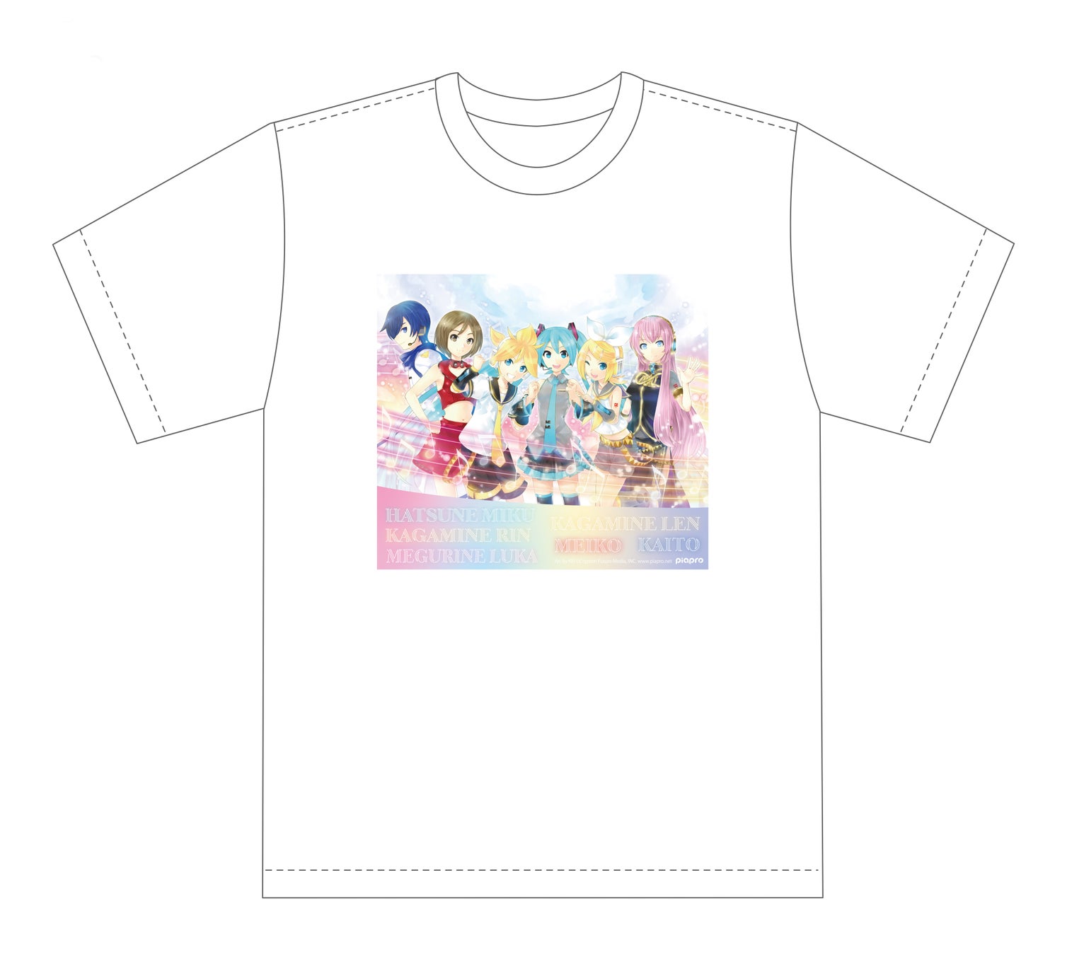 初音ミクらキャラクターが描かれたTシャツのデザイン