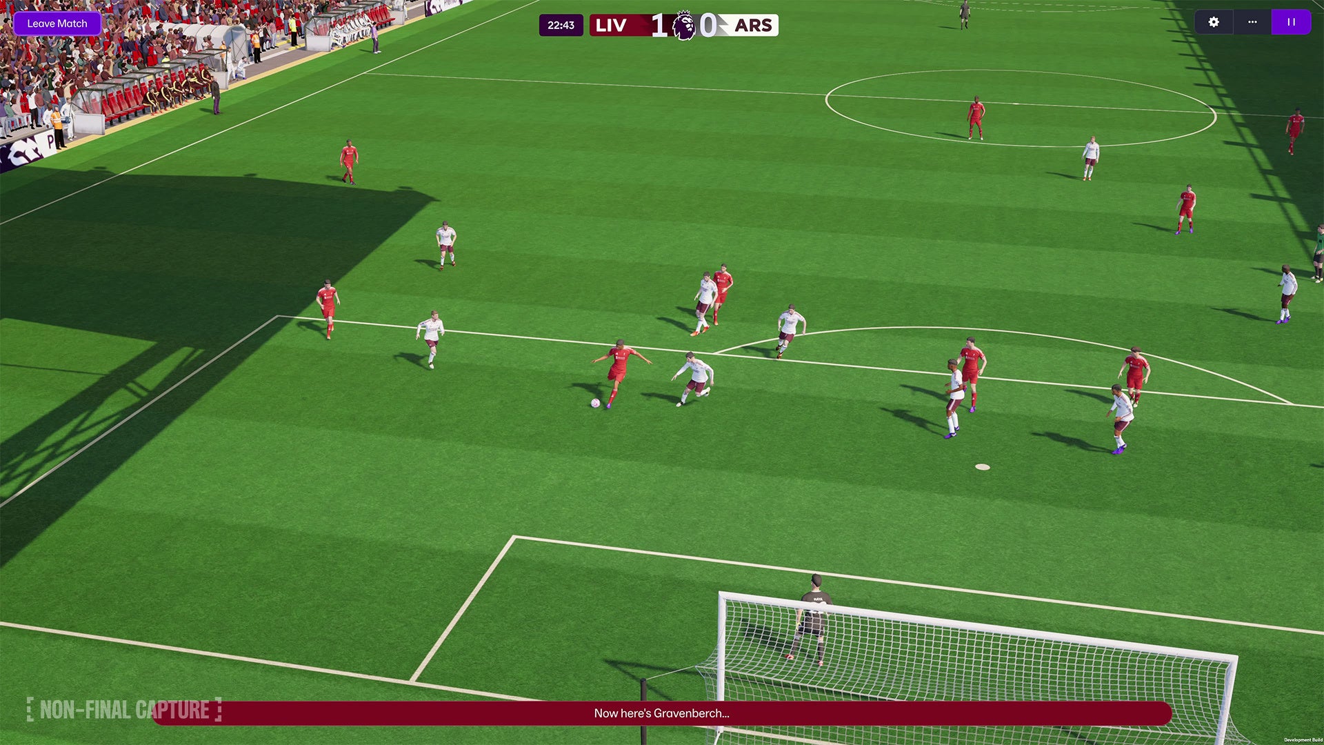 サッカーゲームの試合画面。リバプール対アーセナル戦。スコア1-0