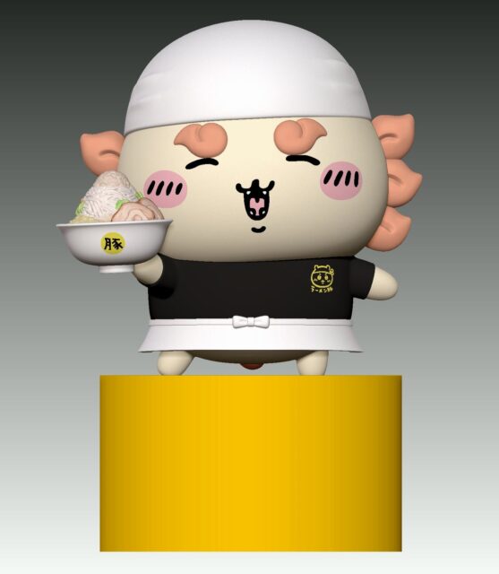 ラーメンを持った可愛いキャラクターの3Dイラスト。