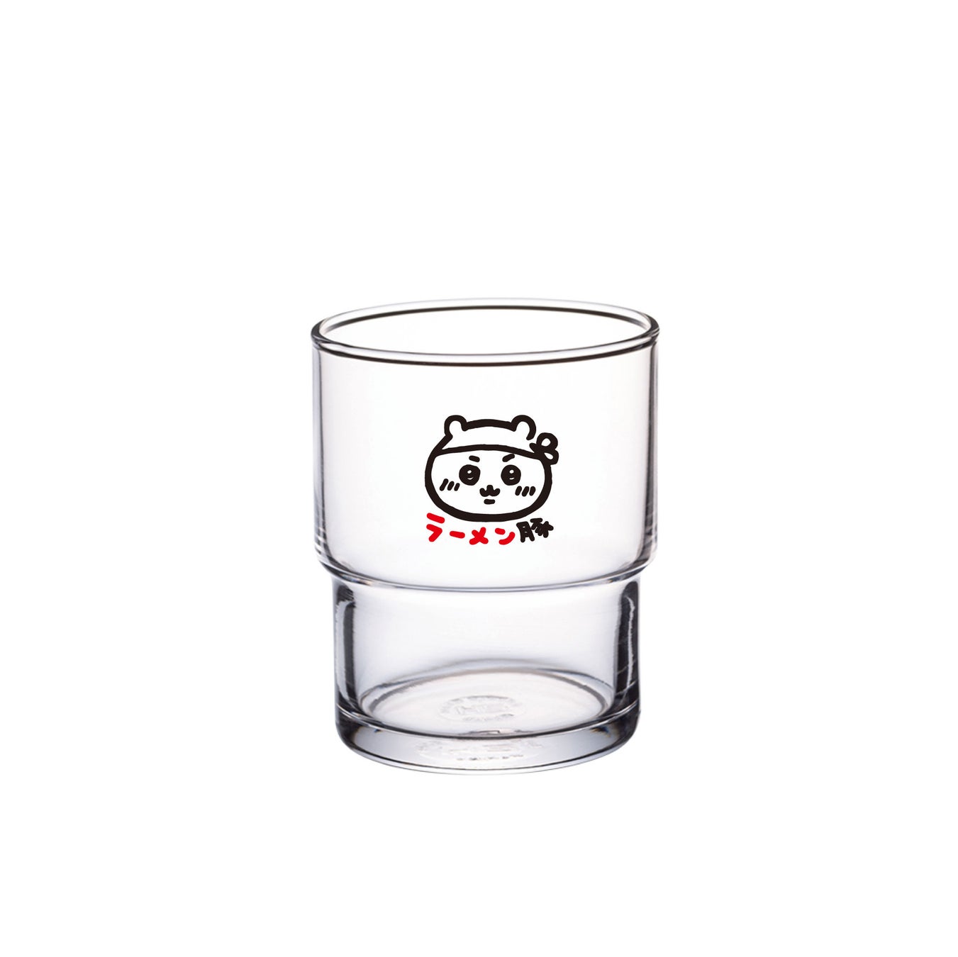 ラーメンの絵文字と文字が描かれた透明なガラス製コップ