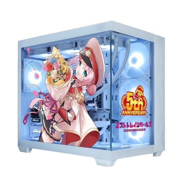 アニメキャラが花束を持つPCケース。5周年記念。