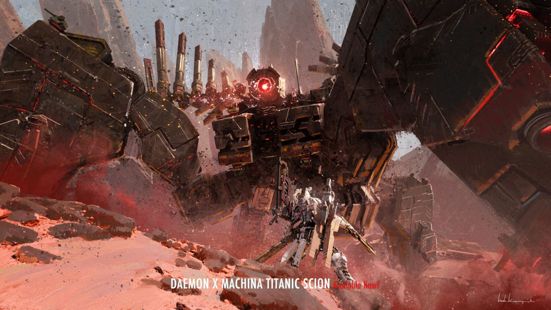 巨大なロボットと戦うプレイヤー型メカの戦闘シーン