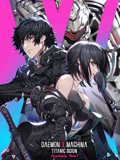 アニメ風の男女と巨大ロボット、ゲームタイトル「DAEMON X MACHINA」