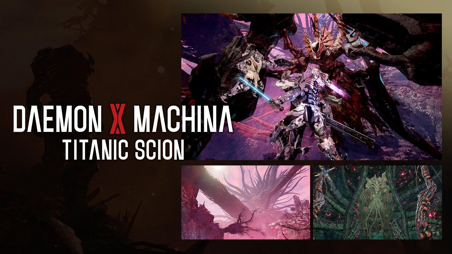 「DAEMON X MACHINA」のゲーム画面とタイトルロゴ。