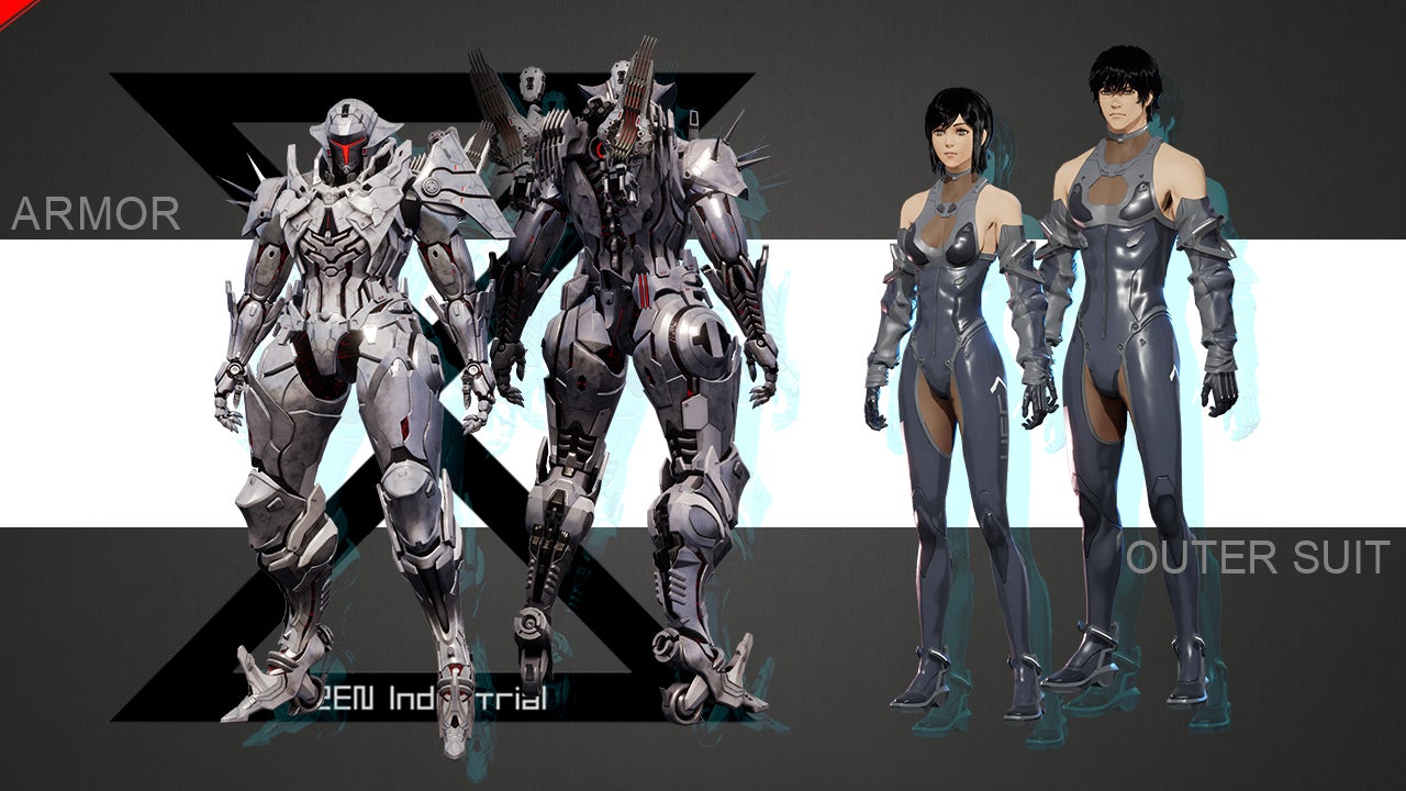 SF風のメカスーツとサイバーパンク風のボディスーツ姿のキャラクター