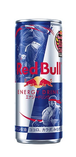 Red Bullエナジードリンク缶。格闘家風の男性と空中で技を決める人物。