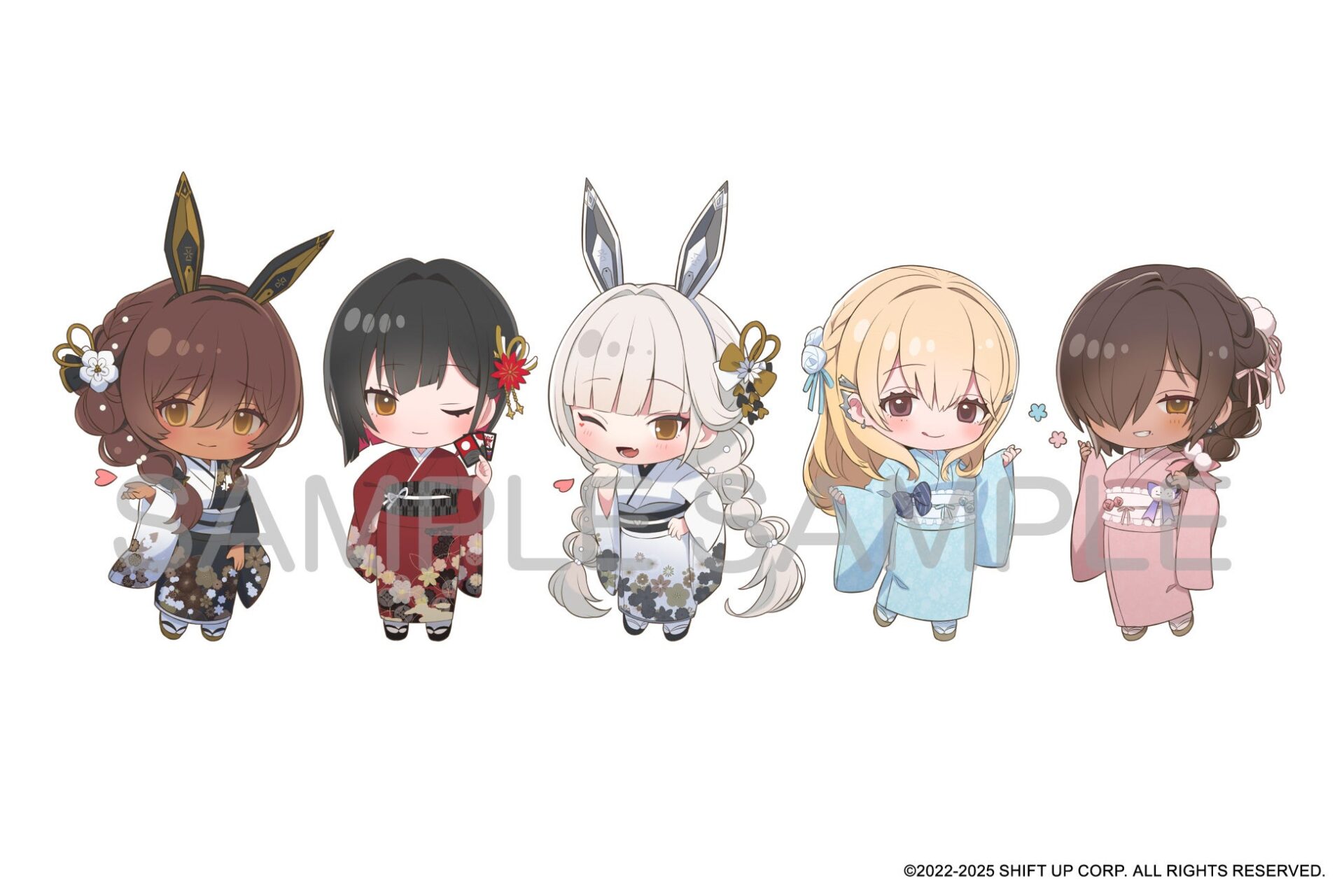 和服姿のちびキャラ5人が並んだイラスト。