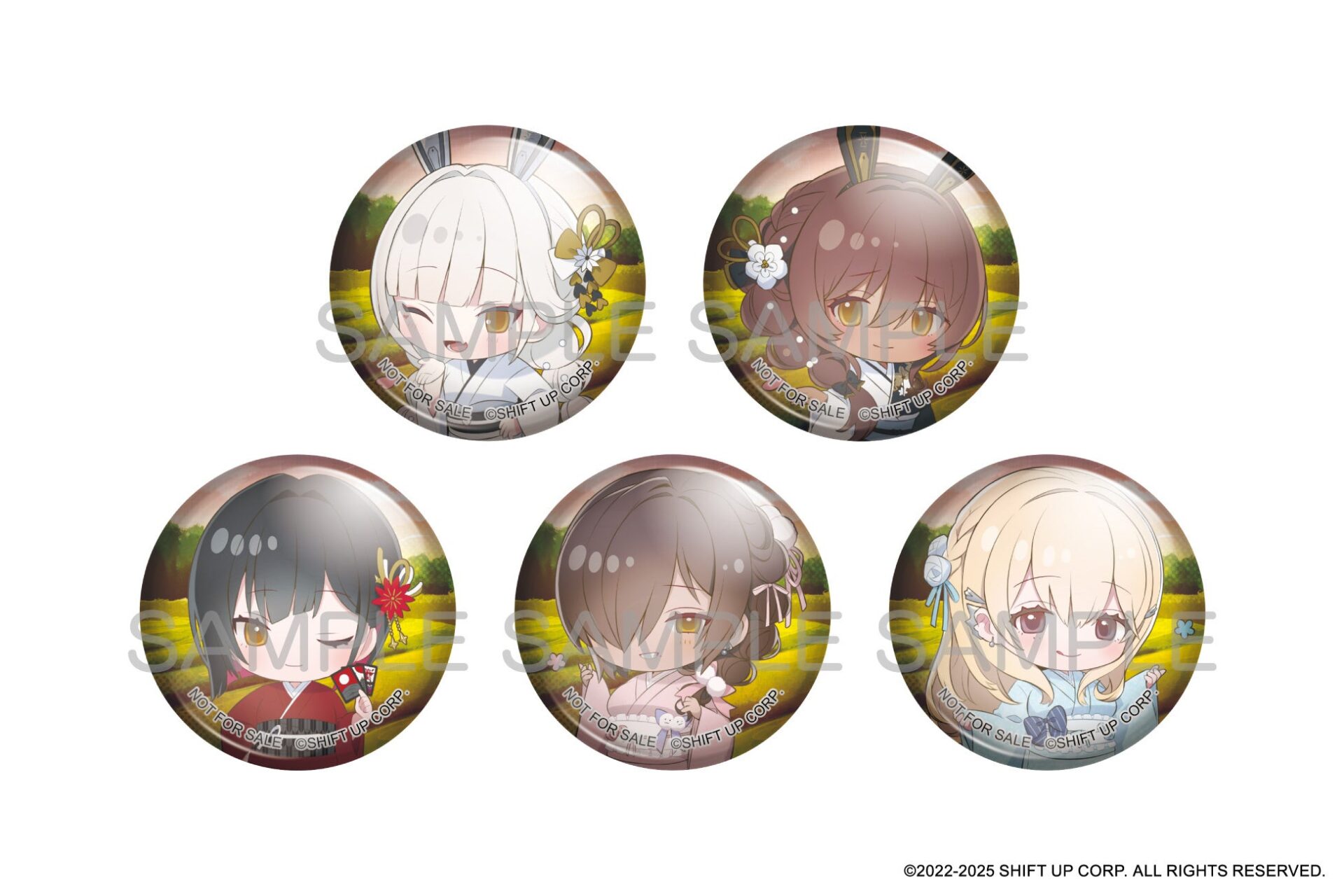 5つのキャラクター缶バッジ。和風の装いのちびキャラ。