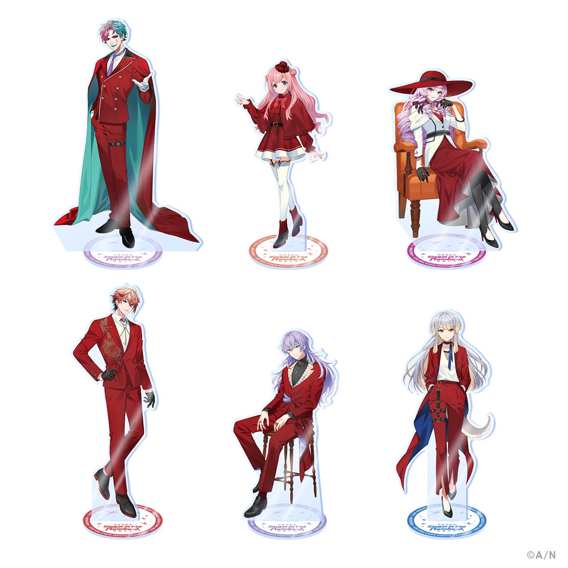 赤色の衣装を纏ったアニメキャラクターのアクリルスタンド6体