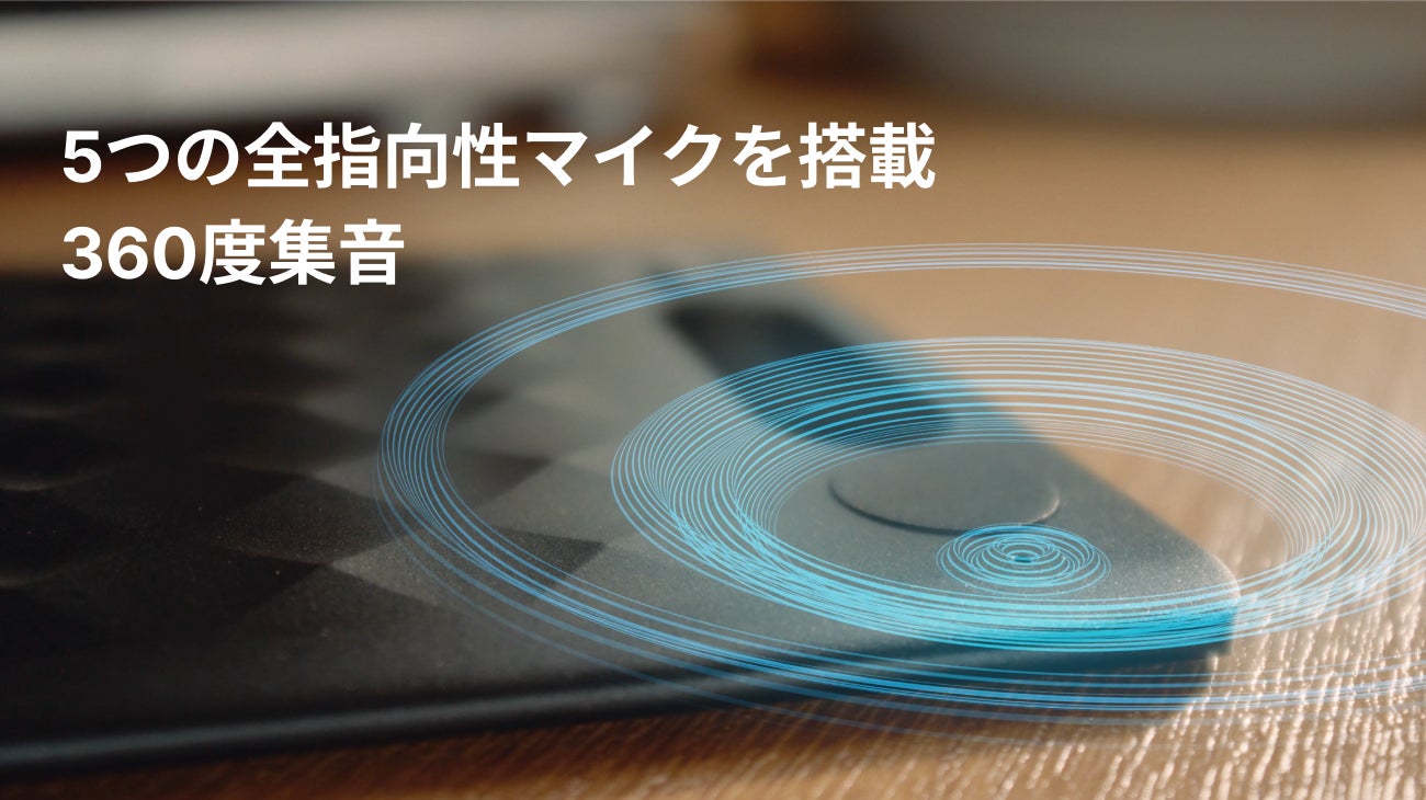 5つの全指向性マイクで360度集音する製品のクローズアップ画像。