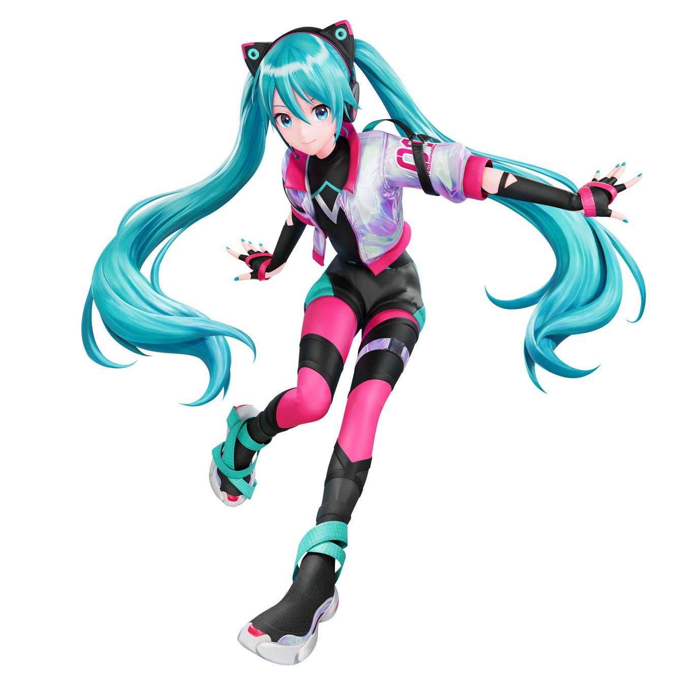 初音ミクのポップでスタイリッシュな3Dイラスト。鮮やかな髪と衣装。