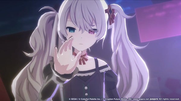 ツインテールの少女がこちらに手をかざす、ゲームのワンシーン。