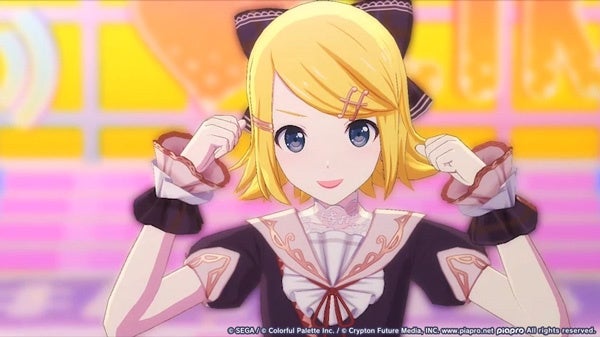 アニメ風のキャラクター「鏡音リン」がポーズをとっている姿