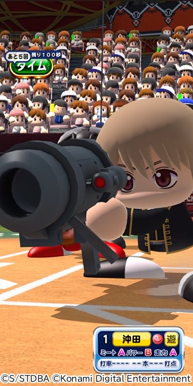 野球ゲームの画面。観客席と選手、カメラが映し出されている。